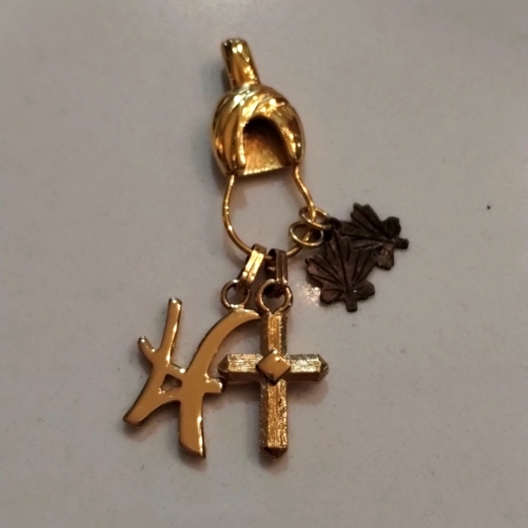 Monet gold tone charms monogram H cross and maple leaves 2 inches long - Picture 2 of 8